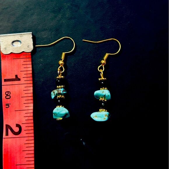 Handmade Gold & Black Bead Turquoise Dangle Earrings - Picture 3 of 3